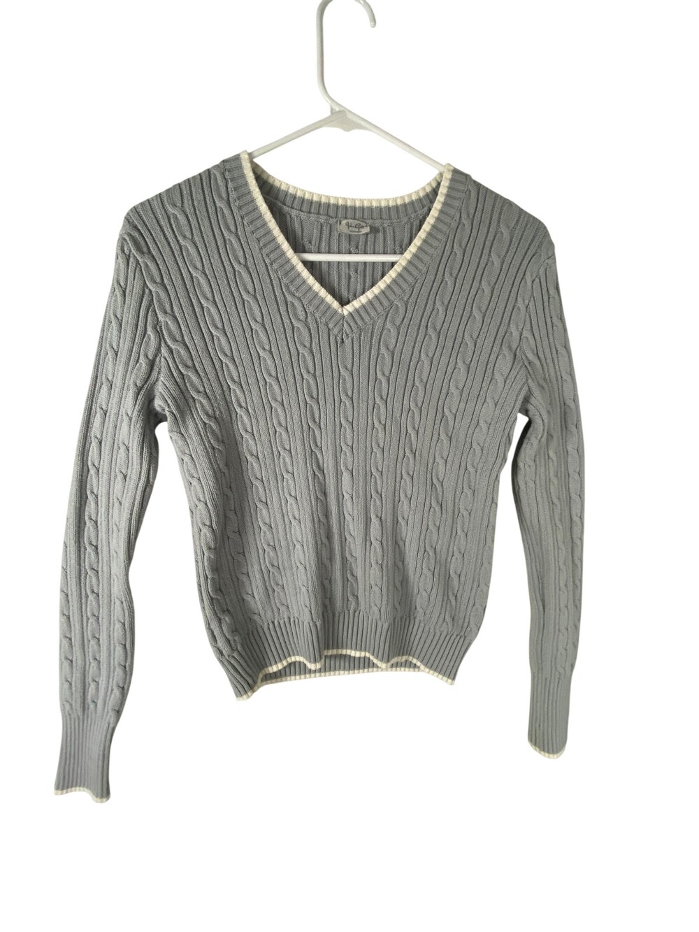 John Galt Sweater Womens Gray Cable Knit V Neck Cotton Pullover 18" p2p 21" len